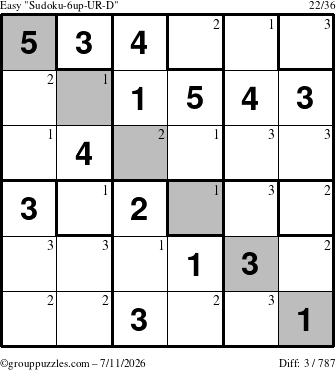 The grouppuzzles.com Easy Sudoku-6up-UR-D puzzle for Saturday July 11, 2026 with the first 3 steps marked