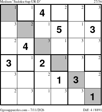 The grouppuzzles.com Medium Sudoku-6up-UR-D puzzle for Saturday July 11, 2026 with the first 3 steps marked
