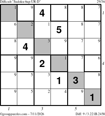 The grouppuzzles.com Difficult Sudoku-6up-UR-D puzzle for Saturday July 11, 2026, suitable for printing, with all 9 steps marked