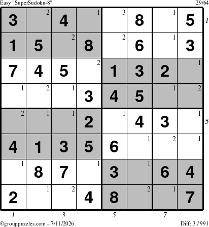 The grouppuzzles.com Easy SuperSudoku-8 puzzle for Saturday July 11, 2026, suitable for printing, with all 3 steps marked