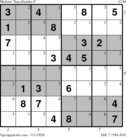 The grouppuzzles.com Medium SuperSudoku-8 puzzle for Saturday July 11, 2026, suitable for printing, with all 7 steps marked