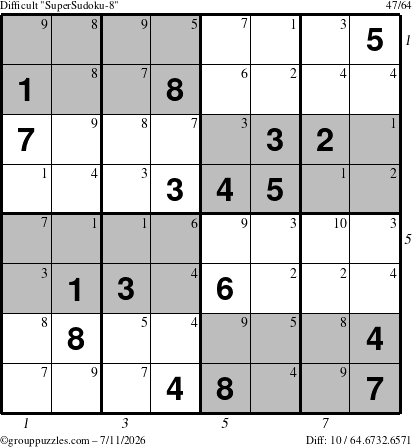 The grouppuzzles.com Difficult SuperSudoku-8 puzzle for Saturday July 11, 2026, suitable for printing, with all 10 steps marked