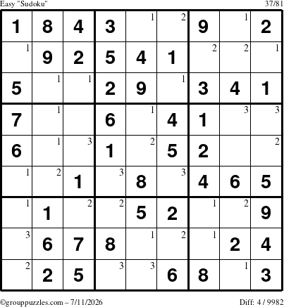 The grouppuzzles.com Easy Sudoku puzzle for Saturday July 11, 2026 with the first 3 steps marked