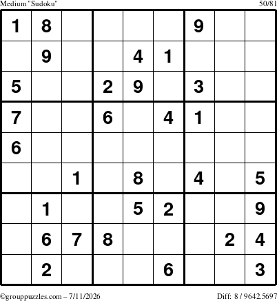 The grouppuzzles.com Medium Sudoku puzzle for Saturday July 11, 2026