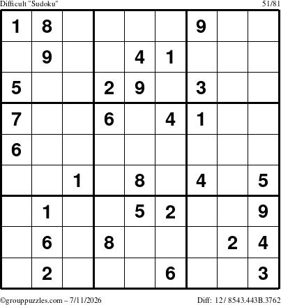 The grouppuzzles.com Difficult Sudoku puzzle for Saturday July 11, 2026