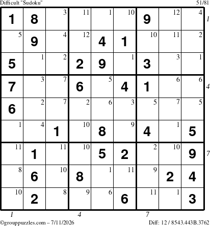 The grouppuzzles.com Difficult Sudoku puzzle for Saturday July 11, 2026, suitable for printing, with all 12 steps marked