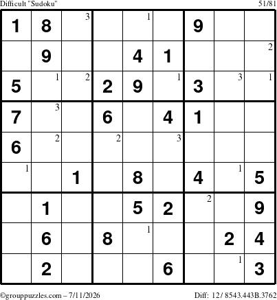 The grouppuzzles.com Difficult Sudoku puzzle for Saturday July 11, 2026 with the first 3 steps marked