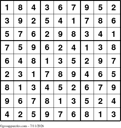 The grouppuzzles.com Answer grid for the Sudoku puzzle for Saturday July 11, 2026