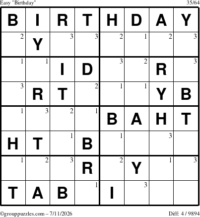 The grouppuzzles.com Easy Birthday puzzle for Saturday July 11, 2026 with the first 3 steps marked