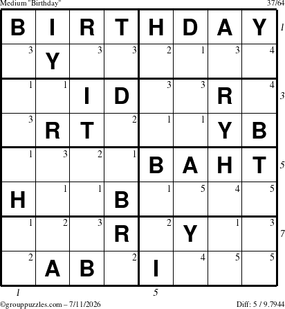 The grouppuzzles.com Medium Birthday puzzle for Saturday July 11, 2026 with all 5 steps marked