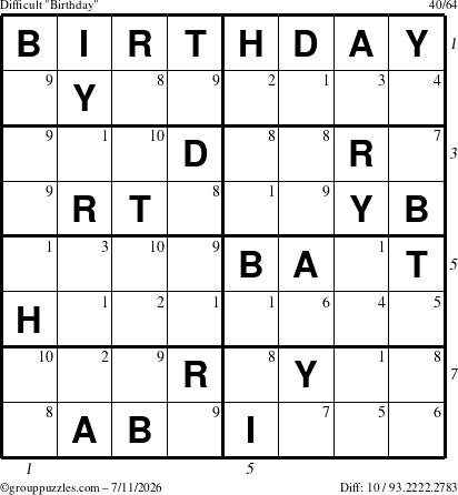 The grouppuzzles.com Difficult Birthday puzzle for Saturday July 11, 2026 with all 10 steps marked