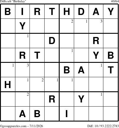 The grouppuzzles.com Difficult Birthday puzzle for Saturday July 11, 2026 with the first 3 steps marked
