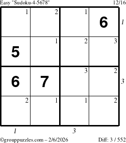 The grouppuzzles.com Easy Sudoku-4-5678 puzzle for Friday February 6, 2026 with all 3 steps marked
