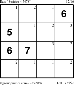The grouppuzzles.com Easy Sudoku-4-5678 puzzle for Friday February 6, 2026 with the first 3 steps marked