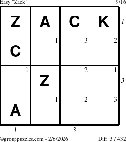 The grouppuzzles.com Easy Zack puzzle for Friday February 6, 2026 with all 3 steps marked