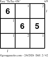 The grouppuzzles.com Easy TicTac-456 puzzle for Friday February 6, 2026 with all 2 steps marked