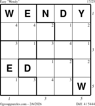 The grouppuzzles.com Easy Wendy puzzle for Friday February 6, 2026 with all 4 steps marked