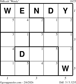 The grouppuzzles.com Difficult Wendy puzzle for Friday February 6, 2026 with all 5 steps marked