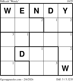 The grouppuzzles.com Difficult Wendy puzzle for Friday February 6, 2026 with the first 3 steps marked