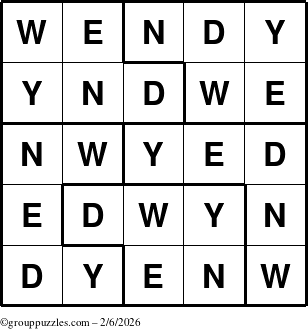 The grouppuzzles.com Answer grid for the Wendy puzzle for Friday February 6, 2026