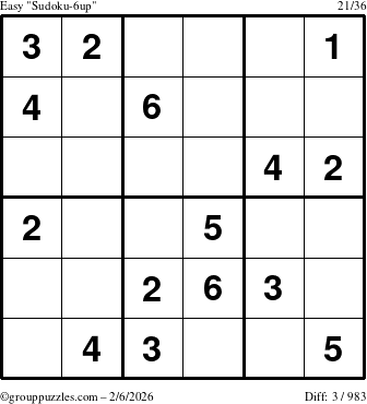 The grouppuzzles.com Easy Sudoku-6up puzzle for Friday February 6, 2026
