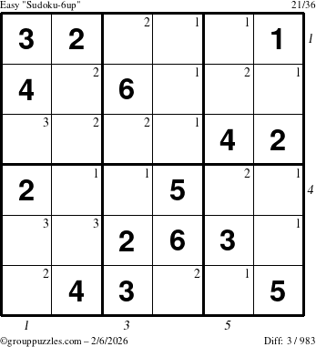 The grouppuzzles.com Easy Sudoku-6up puzzle for Friday February 6, 2026 with all 3 steps marked