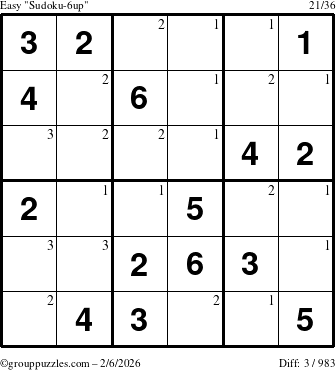 The grouppuzzles.com Easy Sudoku-6up puzzle for Friday February 6, 2026 with the first 3 steps marked