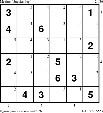 The grouppuzzles.com Medium Sudoku-6up puzzle for Friday February 6, 2026 with all 5 steps marked