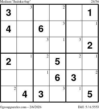 The grouppuzzles.com Medium Sudoku-6up puzzle for Friday February 6, 2026 with the first 3 steps marked