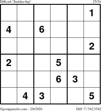 The grouppuzzles.com Difficult Sudoku-6up puzzle for Friday February 6, 2026