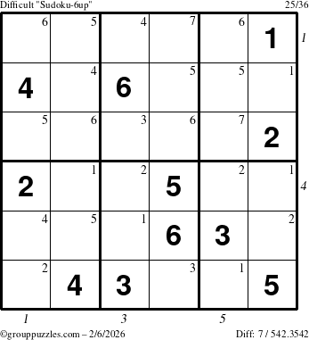 The grouppuzzles.com Difficult Sudoku-6up puzzle for Friday February 6, 2026, suitable for printing, with all 7 steps marked
