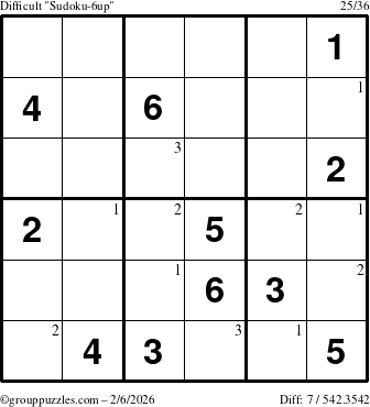 The grouppuzzles.com Difficult Sudoku-6up puzzle for Friday February 6, 2026 with the first 3 steps marked