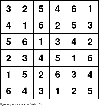 The grouppuzzles.com Answer grid for the Sudoku-6up puzzle for Friday February 6, 2026