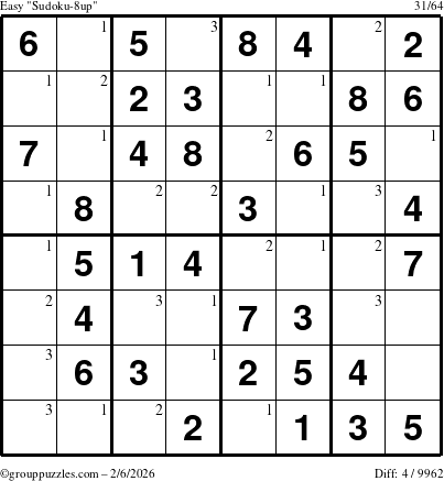 The grouppuzzles.com Easy Sudoku-8up puzzle for Friday February 6, 2026 with the first 3 steps marked
