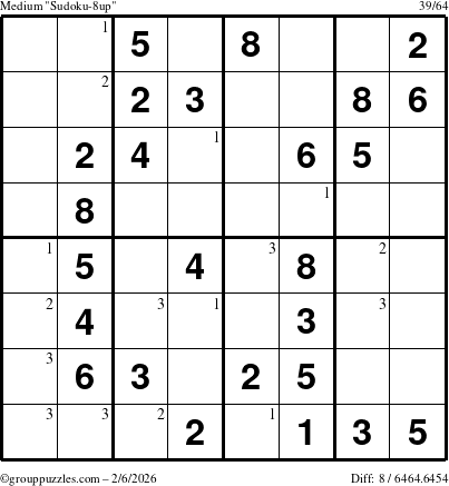 The grouppuzzles.com Medium Sudoku-8up puzzle for Friday February 6, 2026 with the first 3 steps marked