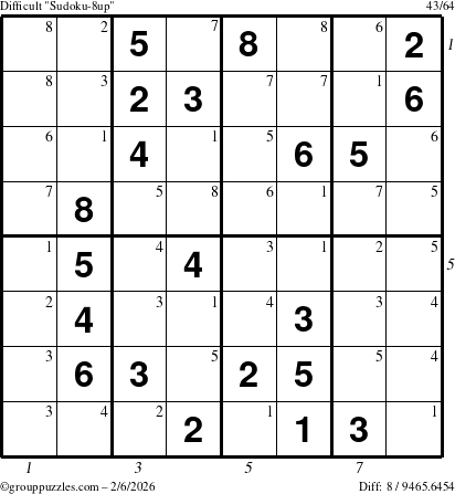 The grouppuzzles.com Difficult Sudoku-8up puzzle for Friday February 6, 2026 with all 8 steps marked