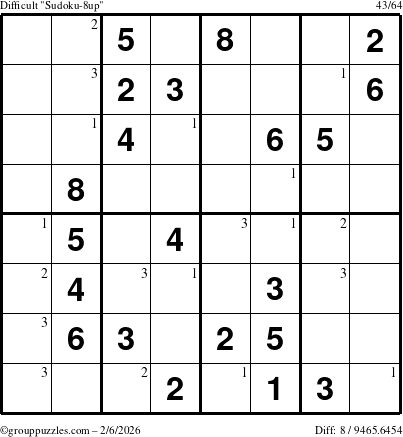 The grouppuzzles.com Difficult Sudoku-8up puzzle for Friday February 6, 2026 with the first 3 steps marked