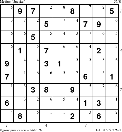 The grouppuzzles.com Medium Sudoku puzzle for Friday February 6, 2026, suitable for printing, with all 8 steps marked