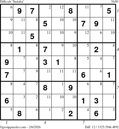 The grouppuzzles.com Difficult Sudoku puzzle for Friday February 6, 2026 with all 12 steps marked