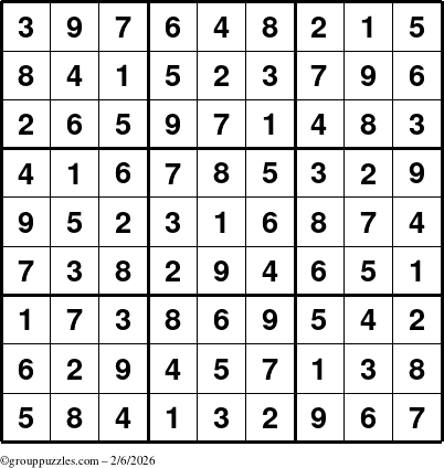 The grouppuzzles.com Answer grid for the Sudoku puzzle for Friday February 6, 2026