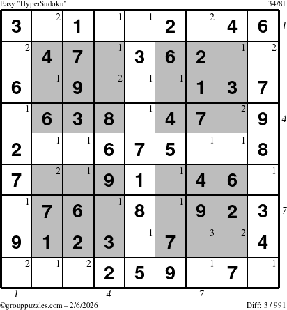 The grouppuzzles.com Easy HyperSudoku puzzle for Friday February 6, 2026 with all 3 steps marked