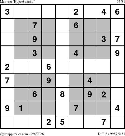 The grouppuzzles.com Medium HyperSudoku puzzle for Friday February 6, 2026