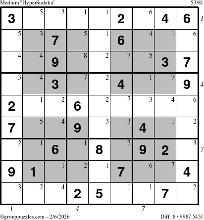 The grouppuzzles.com Medium HyperSudoku puzzle for Friday February 6, 2026 with all 8 steps marked