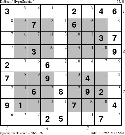 The grouppuzzles.com Difficult HyperSudoku puzzle for Friday February 6, 2026, suitable for printing, with all 11 steps marked