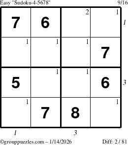 The grouppuzzles.com Easy Sudoku-4-5678 puzzle for Wednesday January 14, 2026 with all 2 steps marked