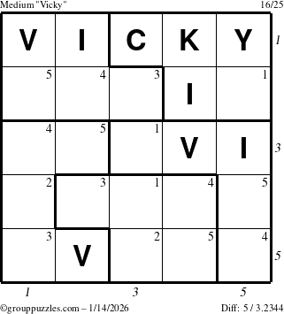 The grouppuzzles.com Medium Vicky puzzle for Wednesday January 14, 2026, suitable for printing, with all 5 steps marked