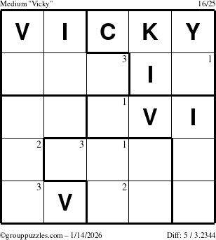 The grouppuzzles.com Medium Vicky puzzle for Wednesday January 14, 2026 with the first 3 steps marked