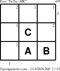 The grouppuzzles.com Easy TicTac-ABC puzzle for Wednesday January 14, 2026, suitable for printing, with all 2 steps marked