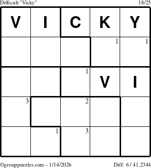 The grouppuzzles.com Difficult Vicky puzzle for Wednesday January 14, 2026 with the first 3 steps marked