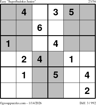 The grouppuzzles.com Easy SuperSudoku-Junior puzzle for Wednesday January 14, 2026